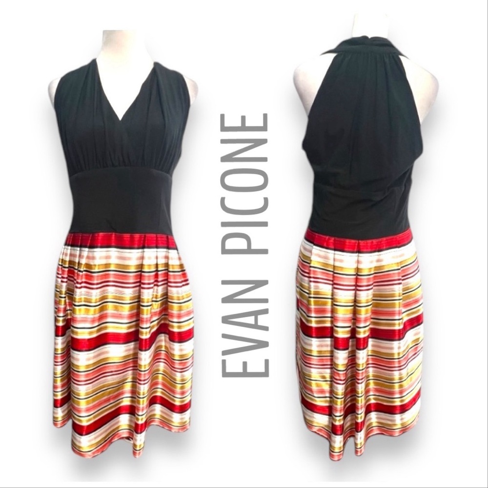 EVAN PICONE VTG Black Red & Orange Silky Candy Stripe/Black Knit Halter Dress 8